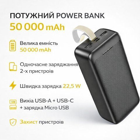 Повербанк Awei J111B 50000 mAh, 22.5W &mdash; портативний зовнішній акумулятор з швидкою зарядкою, 3 виходи, Li-Pol, чорний J111B фото