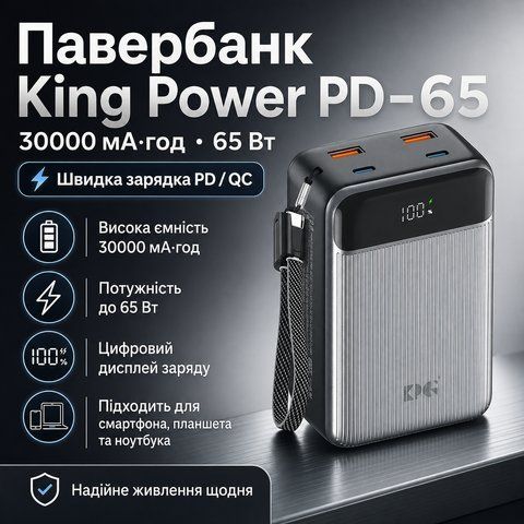 Павербанк King Power PD-65 30000 мА&middot;год 65W зі швидкою зарядкою для смартфона, планшета та ноутбука PD65 фото