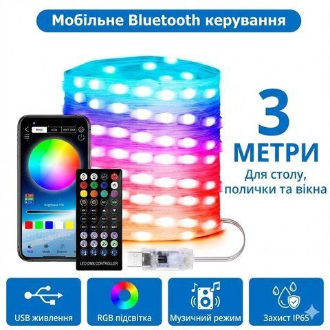 Вуличні вогні 3 м Smart Bluetooth &mdash; смарт світлодіодна LED гірлянда RGB, музична, USB, IP65 LED3M фото