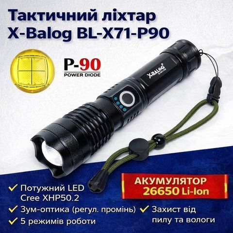 Тактичний ручний ліхтар X-Balog BL-X71-P90 Police з потужним LED, зумом та 5 режимами роботи BLX71 фото