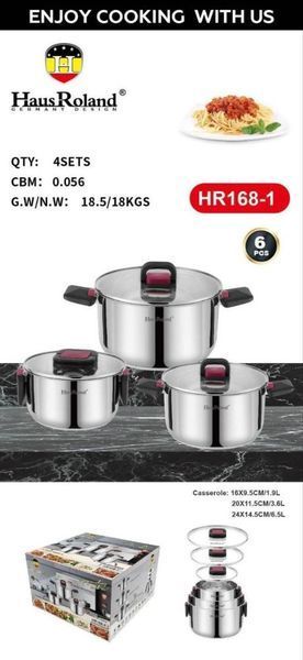 Набір каструль Haus Roland HR168-1, 3 шт. з неіржавкої сталі 1,9/3,6/6,5 л, зі складаними ручками. Сріблястий (HR168-1) HR168-1 фото