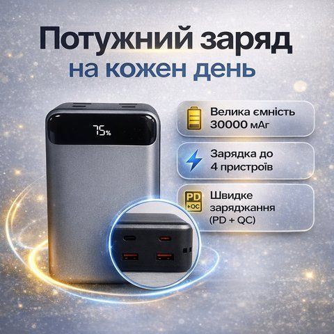 Зовнішній акумулятор King Power KPG-316 30000 mAh 22.5W з дисплеєм чорний KPG316 фото